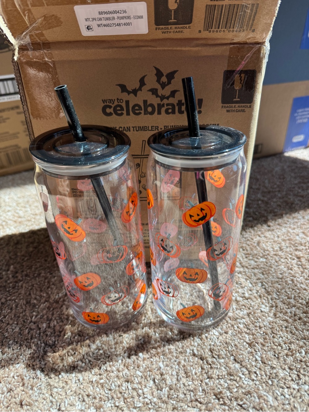 Halloween Pumpkin Double Wall Tumbler with Straw - Orange & Black set of 12